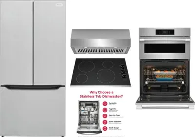 5 Piece Package Includes Refrigerator, Cooktop, Wall Oven, Hood And Dishwasher