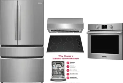 5 Piece Package Includes Refrigerator, Cooktop, Wall Oven, Hood And Dishwasher