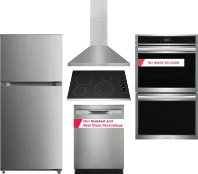 5 Piece Package Includes Refrigerator, Cooktop, Wall Oven, Hood And Dishwasher