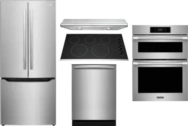 5 Piece Package Includes Refrigerator, Cooktop, Wall Oven, Hood And Dishwasher