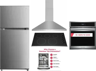 5 Piece Package Includes Refrigerator, Cooktop, Wall Oven, Hood And Dishwasher