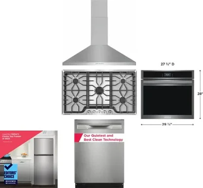 5 Piece Package Includes Refrigerator, Cooktop, Wall Oven, Hood And Dishwasher