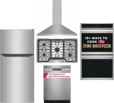 5 Piece Package Includes Refrigerator, Cooktop, Wall Oven, Hood And Dishwasher