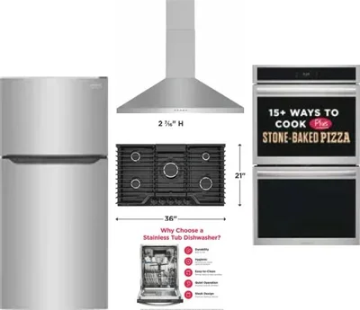 5 Piece Package Includes Refrigerator, Cooktop, Wall Oven, Hood And Dishwasher