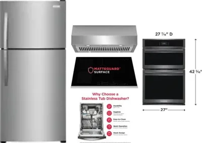 5 Piece Package Includes Refrigerator, Cooktop, Wall Oven, Hood And Dishwasher