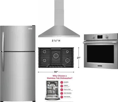 5 Piece Package Includes Refrigerator, Cooktop, Wall Oven, Hood And Dishwasher