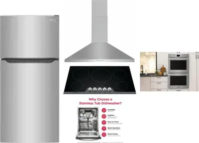 5 Piece Package Includes Refrigerator, Cooktop, Wall Oven, Hood And Dishwasher
