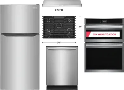 5 Piece Package Includes Refrigerator, Cooktop, Wall Oven, Hood And Dishwasher
