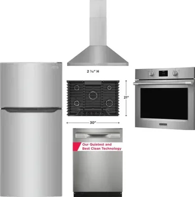 5 Piece Package Includes Refrigerator, Cooktop, Wall Oven, Hood And Dishwasher