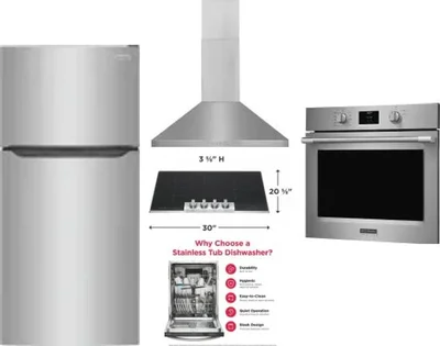 5 Piece Package Includes Refrigerator, Cooktop, Wall Oven, Hood And Dishwasher