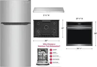 5 Piece Package Includes Refrigerator, Cooktop, Wall Oven, Hood And Dishwasher
