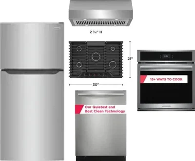 5 Piece Package Includes Refrigerator, Cooktop, Wall Oven, Hood And Dishwasher