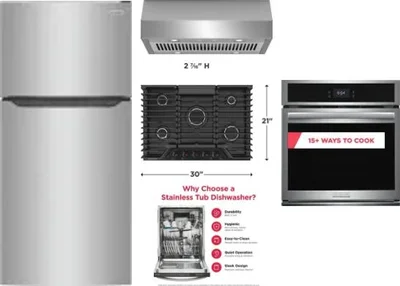 5 Piece Package Includes Refrigerator, Cooktop, Wall Oven, Hood And Dishwasher
