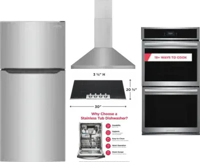 5 Piece Package Includes Refrigerator, Cooktop, Wall Oven, Hood And Dishwasher