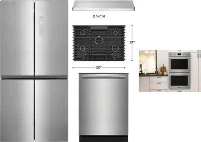 5 Piece Package Includes Refrigerator, Cooktop, Wall Oven, Hood And Dishwasher