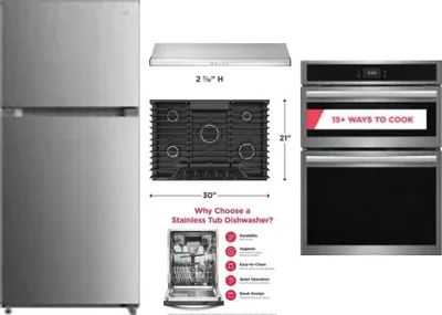 5 Piece Package Includes Refrigerator, Cooktop, Wall Oven, Hood And Dishwasher