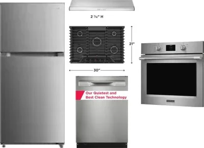 5 Piece Package Includes Refrigerator, Cooktop, Wall Oven, Hood And Dishwasher