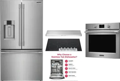 5 Piece Package Includes Refrigerator, Cooktop, Wall Oven, Hood And Dishwasher