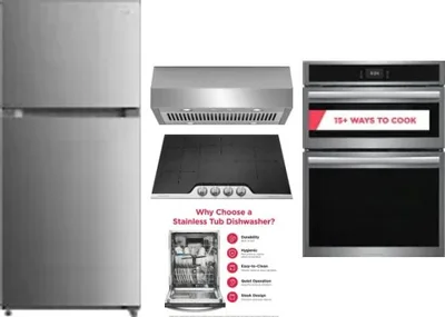 5 Piece Package Includes Refrigerator, Cooktop, Wall Oven, Hood And Dishwasher