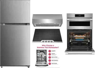 5 Piece Package Includes Refrigerator, Cooktop, Wall Oven, Hood And Dishwasher