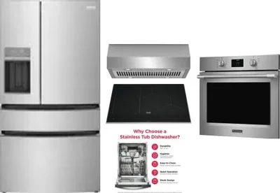 5 Piece Package Includes Refrigerator, Cooktop, Wall Oven, Hood And Dishwasher