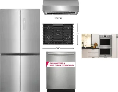 5 Piece Package Includes Refrigerator, Cooktop, Wall Oven, Hood And Dishwasher