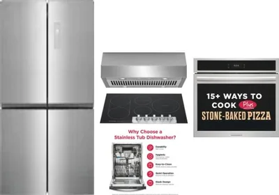5 Piece Package Includes Refrigerator, Cooktop, Wall Oven, Hood And Dishwasher