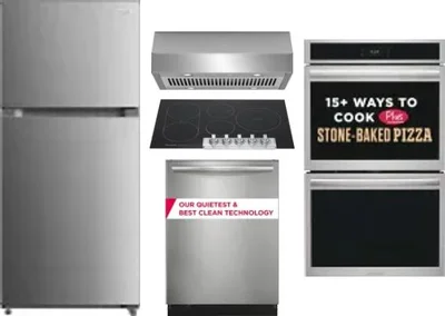 5 Piece Package Includes Refrigerator, Cooktop, Wall Oven, Hood And Dishwasher