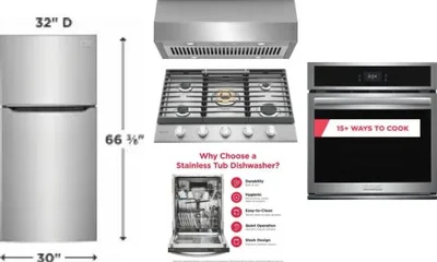 5 Piece Package Includes Refrigerator, Cooktop, Wall Oven, Hood And Dishwasher