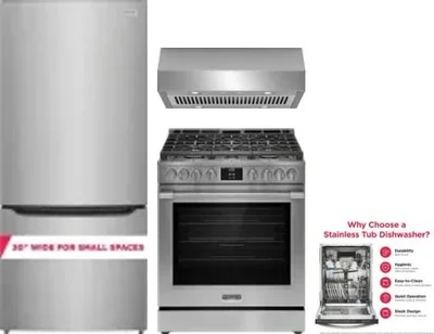 4 Piece Package Includes Refrigerator, Range, Hood And Dishwasher