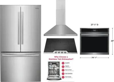 5 Piece Package Includes Refrigerator, Cooktop, Wall Oven, Hood And Dishwasher