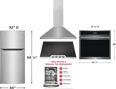 5 Piece Package Includes Refrigerator, Cooktop, Wall Oven, Hood And Dishwasher