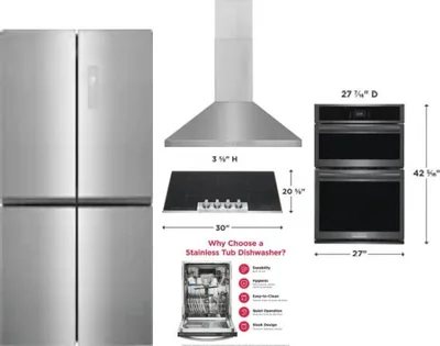 5 Piece Package Includes Refrigerator, Cooktop, Wall Oven, Hood And Dishwasher