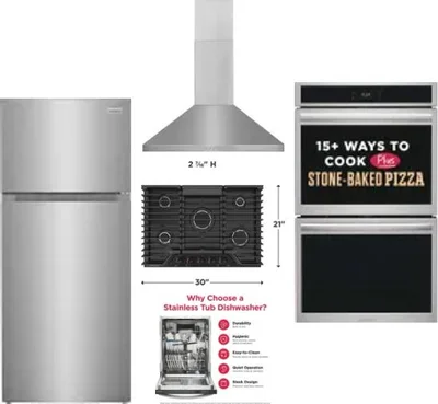 5 Piece Package Includes Refrigerator, Cooktop, Wall Oven, Hood And Dishwasher