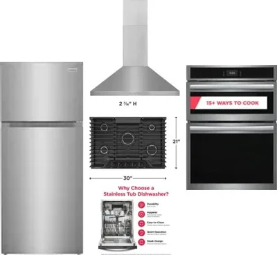 5 Piece Package Includes Refrigerator, Cooktop, Wall Oven, Hood And Dishwasher