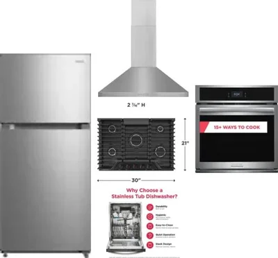 5 Piece Package Includes Refrigerator, Cooktop, Wall Oven, Hood And Dishwasher