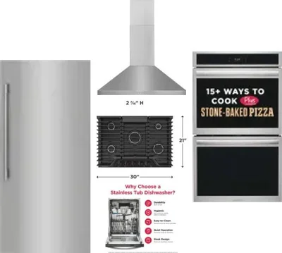 5 Piece Package Includes Refrigerator, Cooktop, Wall Oven, Hood And Dishwasher