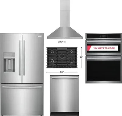 5 Piece Package Includes Refrigerator, Cooktop, Wall Oven, Hood And Dishwasher