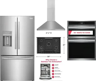 5 Piece Package Includes Refrigerator, Cooktop, Wall Oven, Hood And Dishwasher