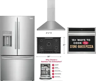 5 Piece Package Includes Refrigerator, Cooktop, Wall Oven, Hood And Dishwasher
