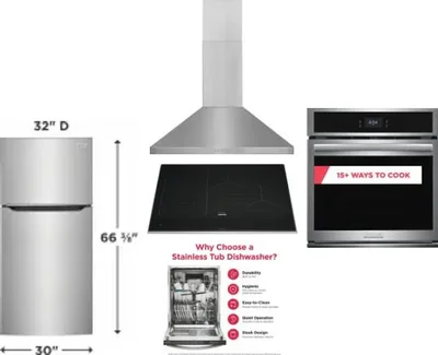 5 Piece Package Includes Refrigerator, Cooktop, Wall Oven, Hood And Dishwasher