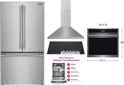 5 Piece Package Includes Refrigerator, Cooktop, Wall Oven, Hood And Dishwasher