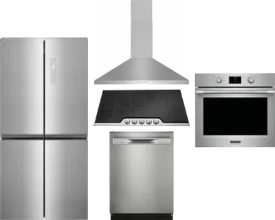 5 Piece Package Includes Refrigerator, Cooktop, Wall Oven, Hood And Dishwasher