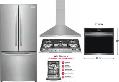5 Piece Package Includes Refrigerator, Cooktop, Wall Oven, Hood And Dishwasher