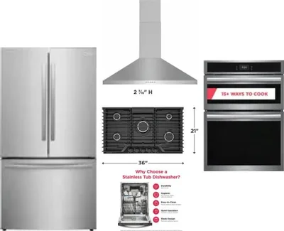 5 Piece Package Includes Refrigerator, Cooktop, Wall Oven, Hood And Dishwasher