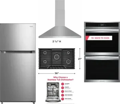 5 Piece Package Includes Refrigerator, Cooktop, Wall Oven, Hood And Dishwasher