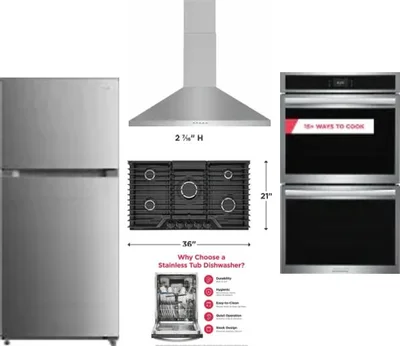 5 Piece Package Includes Refrigerator, Cooktop, Wall Oven, Hood And Dishwasher