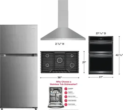 5 Piece Package Includes Refrigerator, Cooktop, Wall Oven, Hood And Dishwasher
