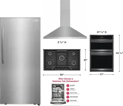 5 Piece Package Includes Refrigerator, Cooktop, Wall Oven, Hood And Dishwasher