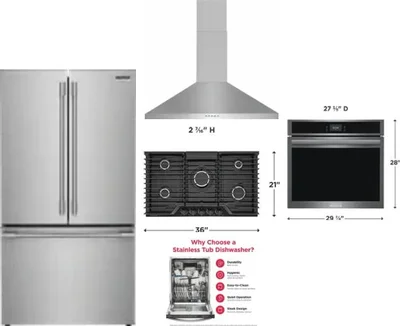5 Piece Package Includes Refrigerator, Cooktop, Wall Oven, Hood And Dishwasher